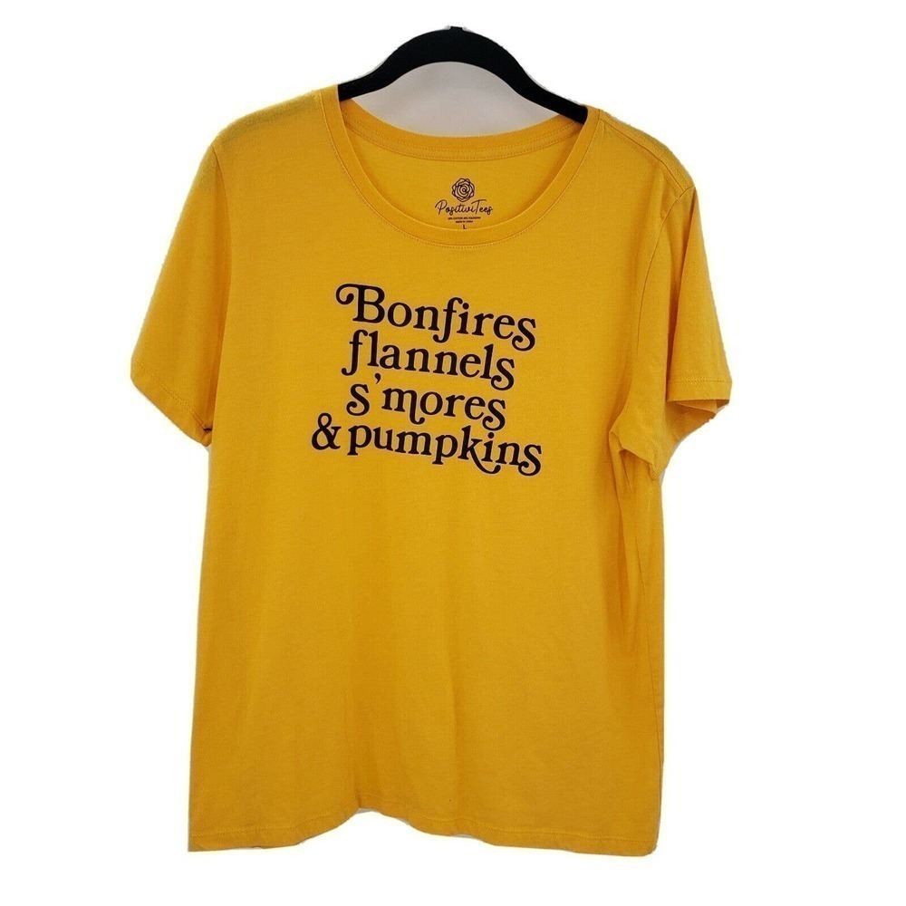 Bonfires Flannels S'mores & pumpkins graphic t shirt women's large positive tee